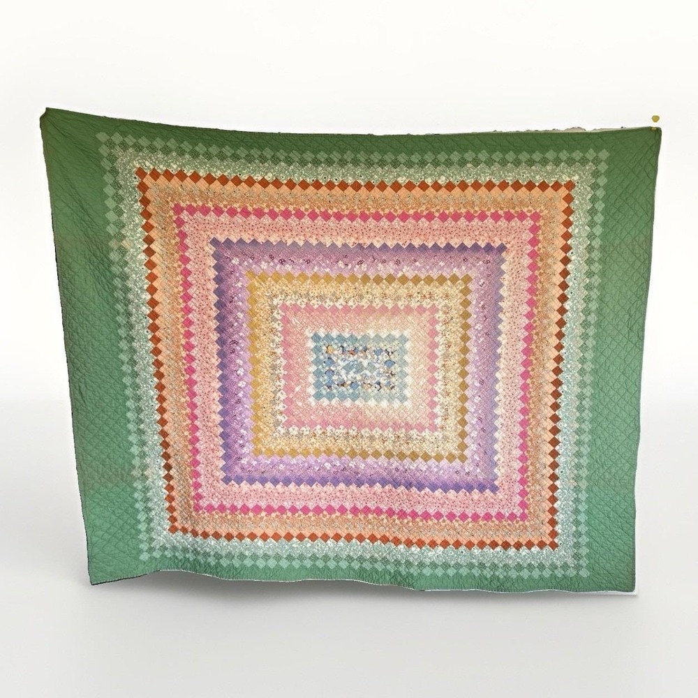 Vtg Trip Around the World Quilt Hand Stitched Feed Sack Postage Stamp Patchwork